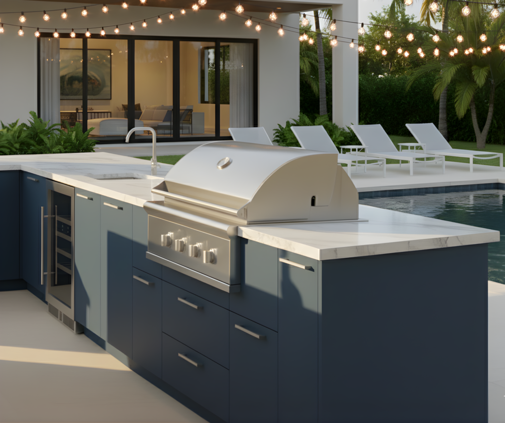 Fortiva Outdoor Cabinetry finished in Harbor blue is the perfect addition to your outdoor living space.